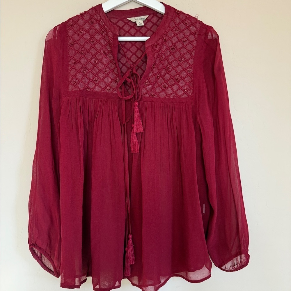 Lucky Brand Babydoll Peasant Blouse Top Long Sleeve Burgundy Sheer Boho Small